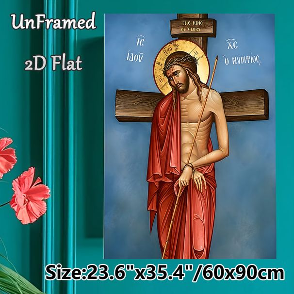 Jesus Crucifixion Painting Poster, Traditional Religious Icon-style Poster, Reverent Depiction Of Jesus With Crown Of Thorns And Red Robe, Suitable_maomaolike.com