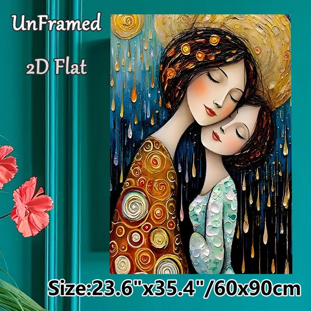 Mother & Daughter Embrace Painting Poster, Rich Textured Ornate Artistic Poster, Heartwarming Affectionate Decorative Piece Ideal For Living Room_maomaolike.com