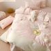 1 Korean Style Washed Four-Piece Set With Bunny Patch Embroidery, Pure Cotton Fuzzy Ball Duvet Cover, Cartoon Bed Sheet_maomaolike.com