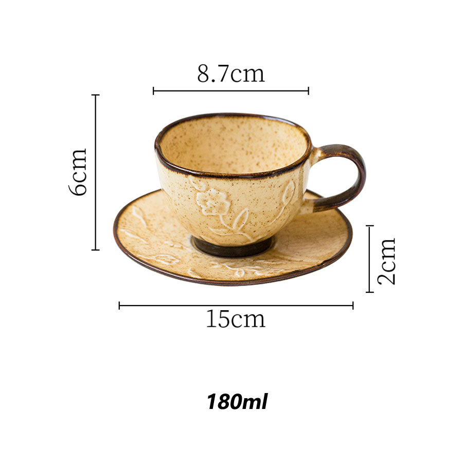 Vintage Kiln Transformed Glazed Relief Flower Ceramic Coffee Cup And Plate Set_maomaolike.com