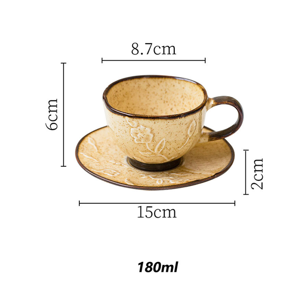 Vintage Kiln Transformed Glazed Relief Flower Ceramic Coffee Cup And Plate Set_maomaolike.com