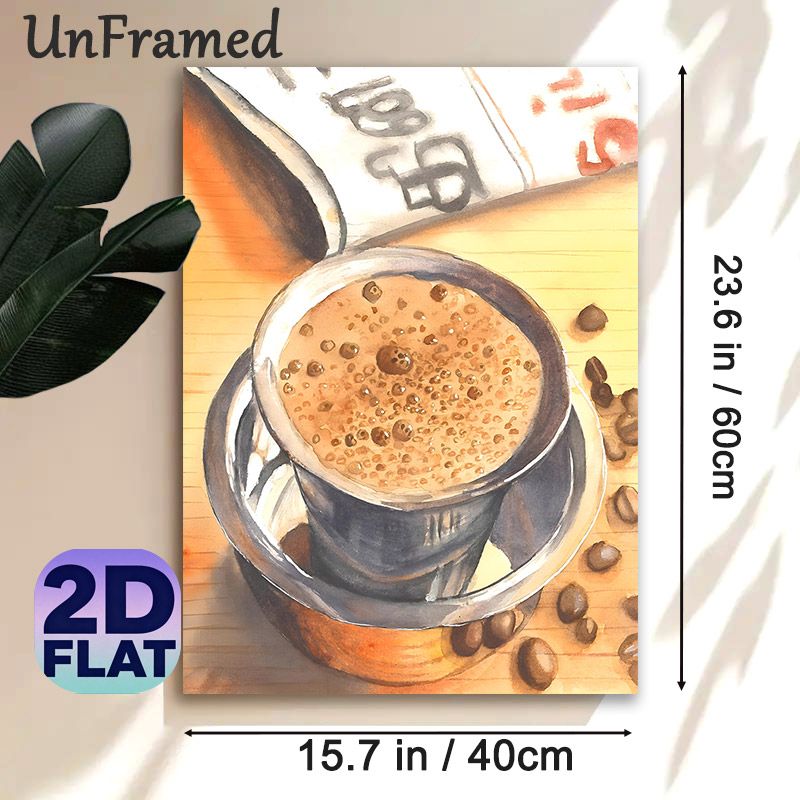 Coffee Themed Painting Poster, Watercolor-style Warm-toned Frothy Coffee In Metal Cup With Coffee Beans Poster, Brings Cozy Warm Ambiance, Ideal For_maomaolike.com