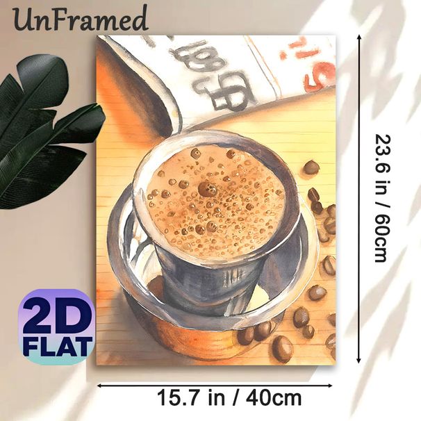 Coffee Themed Painting Poster, Watercolor-style Warm-toned Frothy Coffee In Metal Cup With Coffee Beans Poster, Brings Cozy Warm Ambiance, Ideal For_maomaolike.com