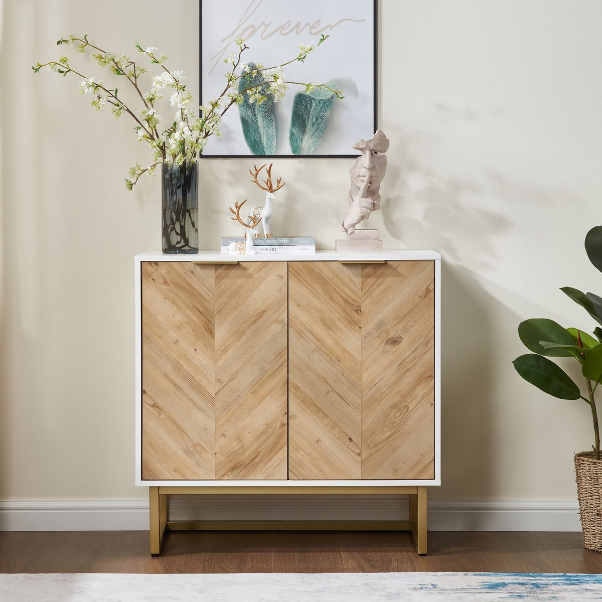 White And Gold Storage Cabinet With 2 Doors, Modern Buffet Sideboard Cabinet With Storage,Accent Cabinet For Living Room, Dining Room, Entryway_maomaolike.com