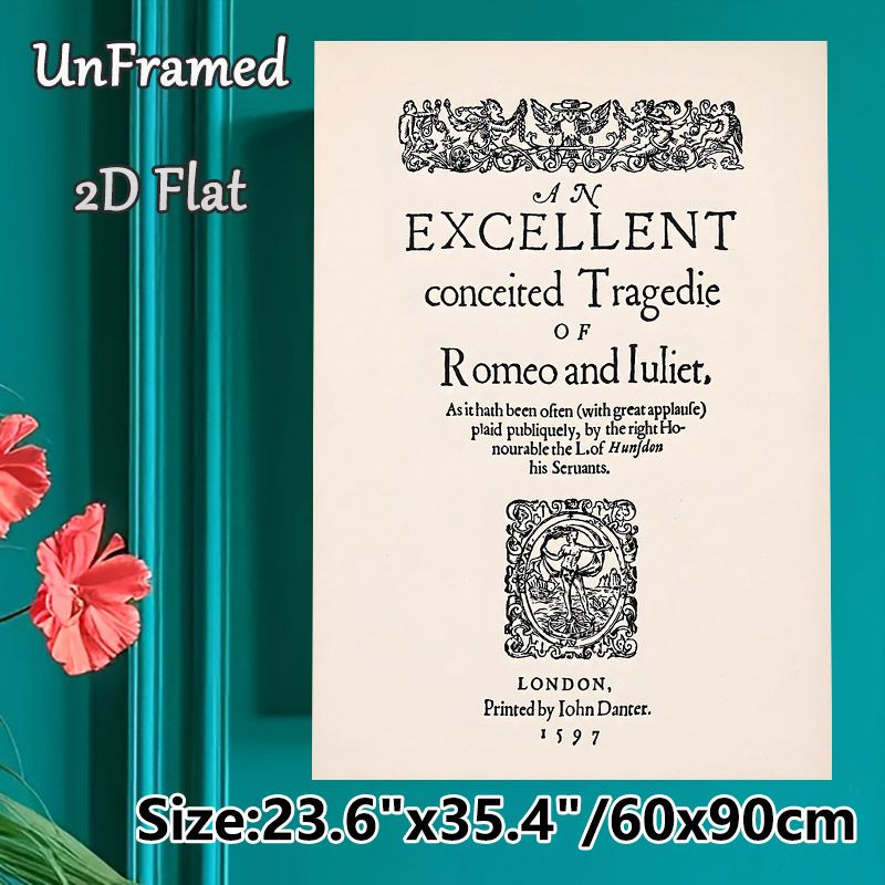 Romeo And Juliet Themed Painting Poster, Vintage Typographic & Ornate Engraved Classic Play Cover Poster, Timeless Literary Decor Option For Home_maomaolike.com