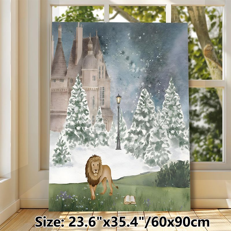 Winter Castle & Lion Themed Painting Poster, Soft Watercolor Fantasy Scene Poster, Whimsical Snowy Castle With Lion, Street Lamp And Open Book Design_maomaolike.com