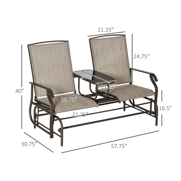 Outdoor Glider Bench With Center Table, Metal Frame Patio Loveseat With Breathable Mesh Fabric And Armrests For Backyard Garden Porch, Brown_maomaolike.com