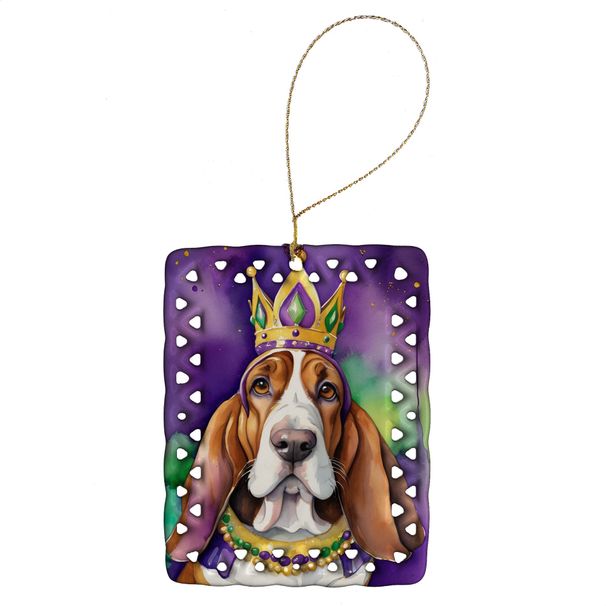 Basset Hound King Of Mardi Gras Porcelain Ornament Christmas Tree Hanging Decorations For Home Christmas Holiday, Rectangle, Gift, Multicolor_maomaolike.com