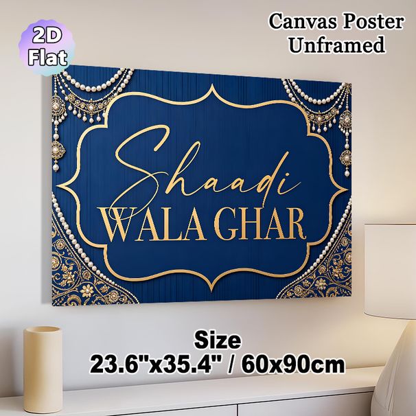 Indian Wedding Themed Painting Poster, Luxurious Ornate Blue & Gold Embellished Poster, Elegant Festive Design Ideal For Wedding Venues And Home_maomaolike.com