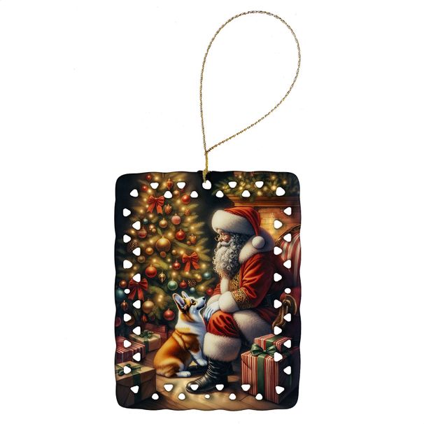 Corgi And Santa Claus Porcelain Ornament Christmas Tree Hanging Decorations For Home Christmas Holiday, Rectangle, Gift, Multicolor_maomaolike.com