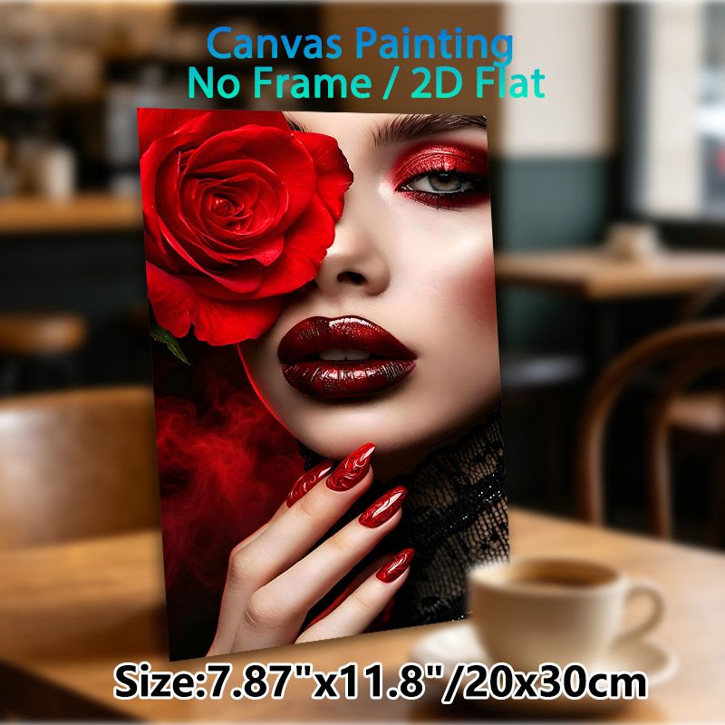 Red Rose & Glamorous Woman Painting Poster, Lustrous Mysterious Close-up Portrait Poster, Elegant Artistic Decor Ideal For Bedroom, Vanity Space_maomaolike.com