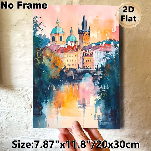Prague Cityscape Painting Poster, Soft-hued Watercolor Style Poster, Dreamy Riverside Scene With Historic Domed Buildings And Bridge, Adds Artistic_maomaolike.com