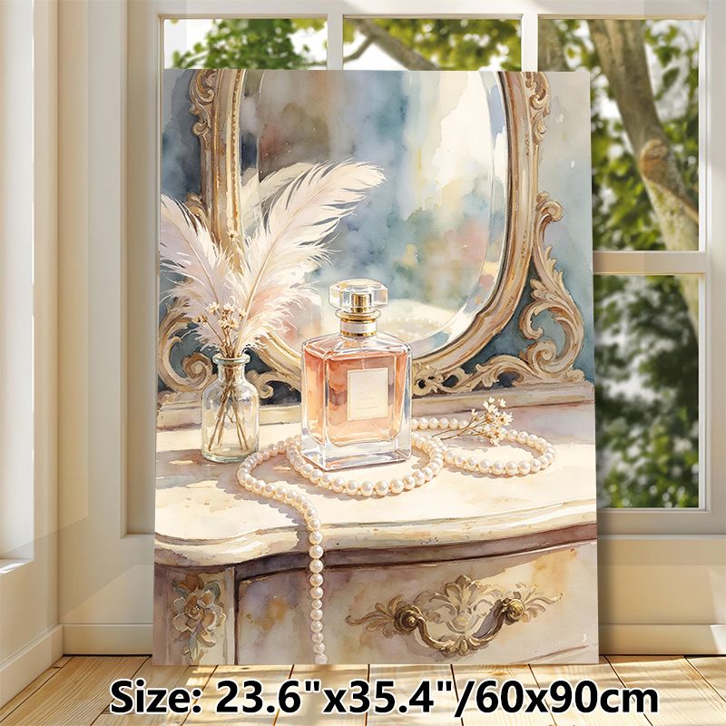 Vanity Dresser With Perfume & Pearls Painting Poster, Soft Watercolor Elegant Vanity Scene Poster, Brings Gentle Refined Ambiance For Bedroom_maomaolike.com