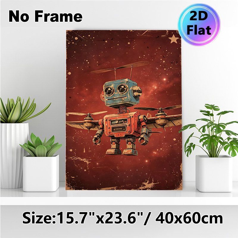 Vintage Flying Robot Painting Poster, Retro Distressed Mechanical Robot With Propellers Poster, Nostalgic Space-themed Decor Suitable For Home Office_maomaolike.com