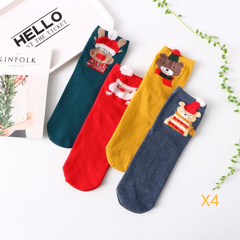 Christmas sock 4 pairs/set Cotton ladies cartoon cute Moose Christmas socks Medium stereo ears Christmas socks big red socks_maomaolike.com