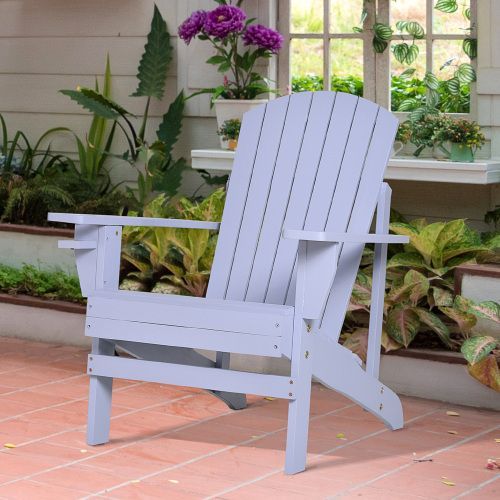 Wooden Adirondack Chair, Outdoor Patio Lawn Chair With Cup Holder, Weather Resistant Lawn Furniture, Classic Lounge For Deck, Garden, Backyard, Fire Pit, Gray_maomaolike.com