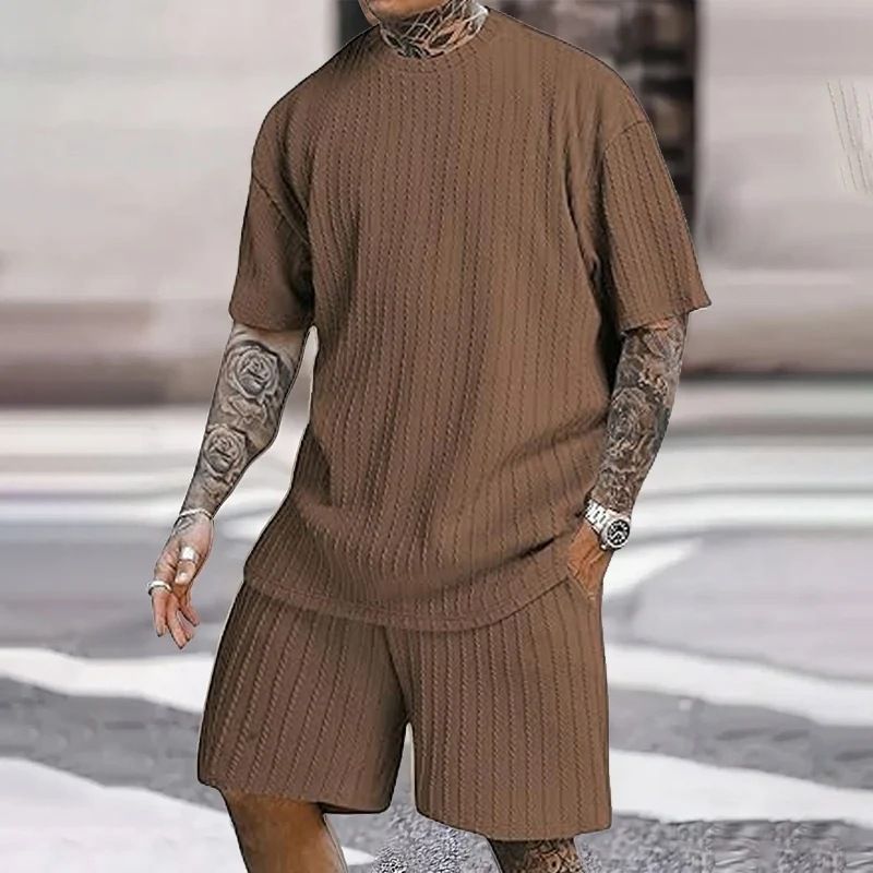 Men's Textured Linen Blend Set - Summer Loose Fit Short Sleeve Suit | Vacation Ready Coordinated Outfit_maomaolike.com