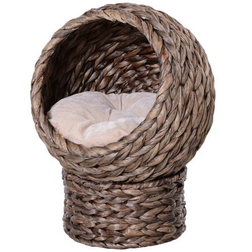 PawHut Handwoven Elevated Cat Bed With Soft Cushion & Cat Egg Chair Shape, Cat Basket Bed Kitty House With Stand, Raised Wicker Cat Bed For Indoor Cats, 23.5" H, Gray_maomaolike.com