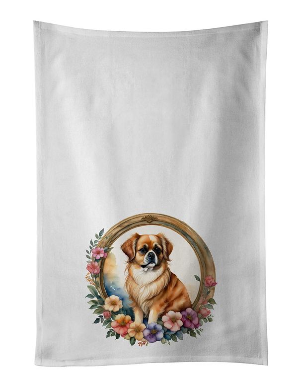 Tibetan Spaniel And Flowers Kitchen Towel Set Of 2 White Dish Towels Decorative Bathroom Hand Towel For Hand, Face, Hair, Yoga, Tea, Dishcloth, 19 X 28", White_maomaolike.com