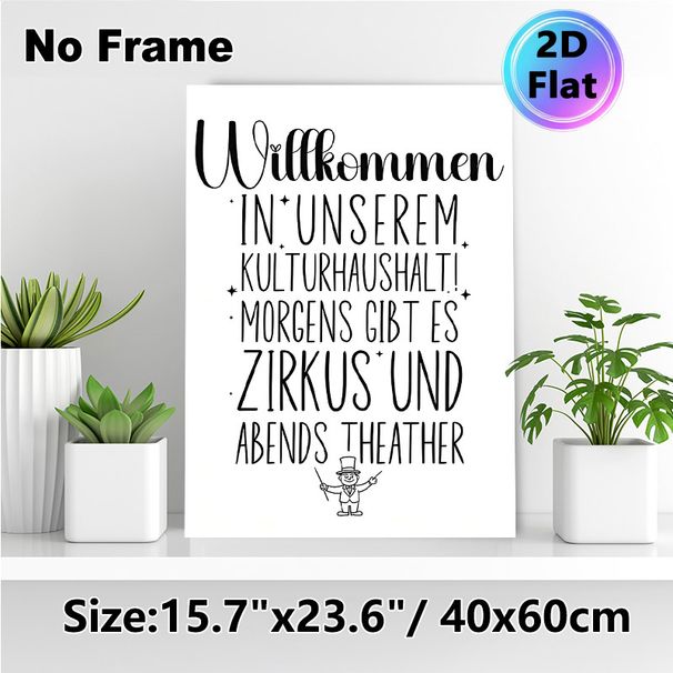 German Welcome & Circus-Themed Painting Poster, Minimalist Black & White Hand-drawn Typography & Performer Graphic Poster, Warm Welcoming Decor_maomaolike.com