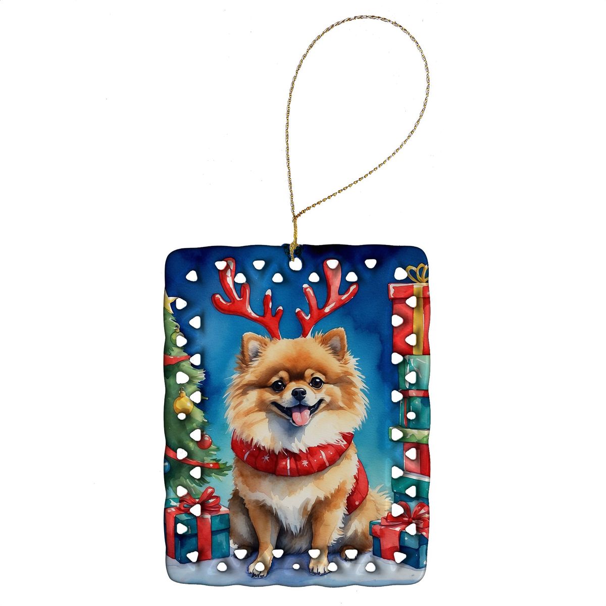 Pomeranian Christmas Reindeer Porcelain Ornament Christmas Tree Hanging Decorations For Home Christmas Holiday, Rectangle, Gift, Multicolor_maomaolike.com