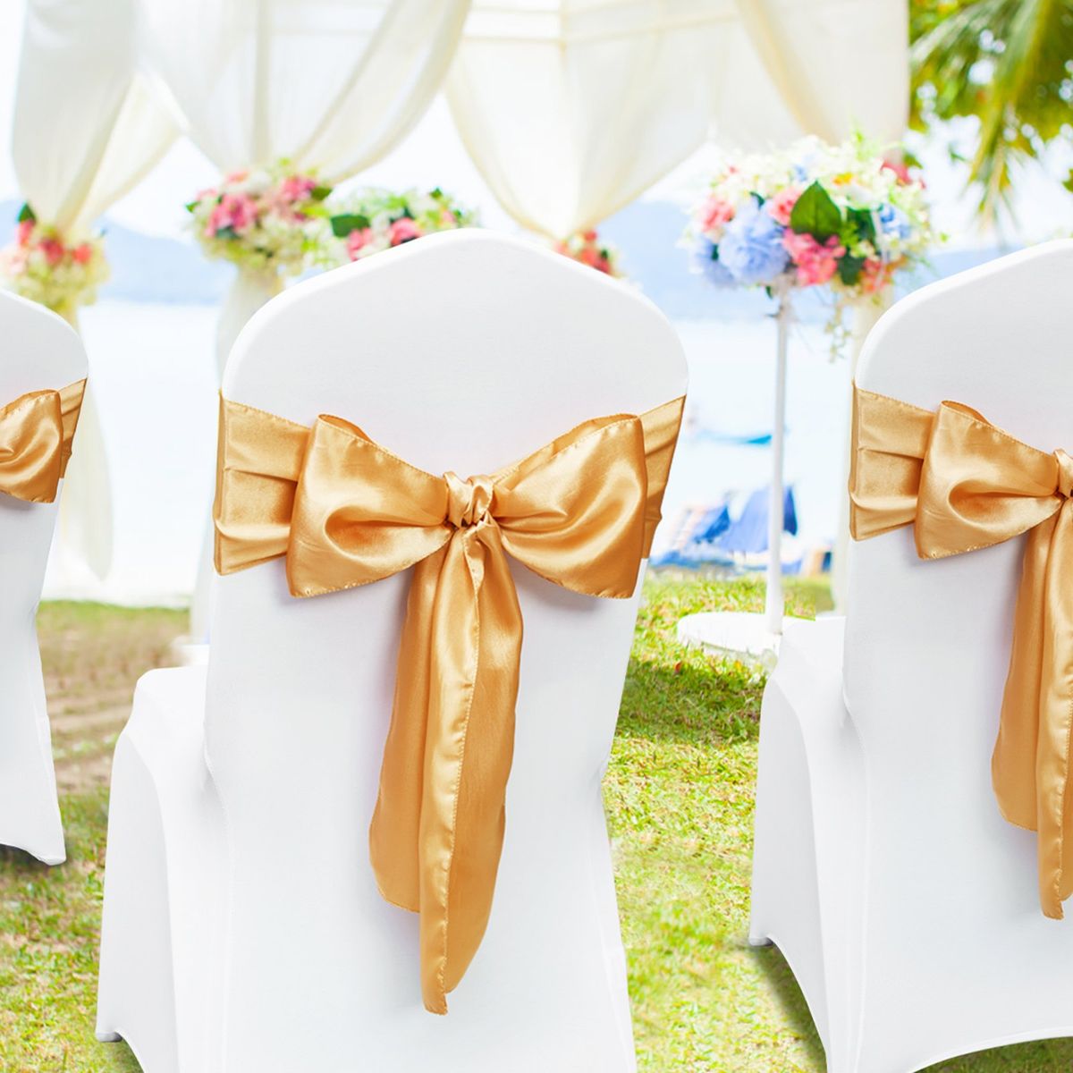 Stretch Spandex Chair Sashes Bows, Chair Slipcover And Stretch Chair Sash, Elastic Chair Bands, Fitting Wedding, Holiday, Banquet, Party, Celebration Chair Decoration (50 PCS Gold)_maomaolike.com