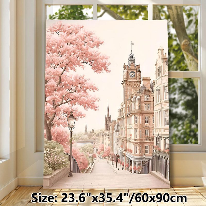 Cherry Blossom European Town Scenery Painting Poster, Soft-toned Pastel Romantic Street View Poster, Brings Warm Tranquil Ambiance, Ideal For Living_maomaolike.com