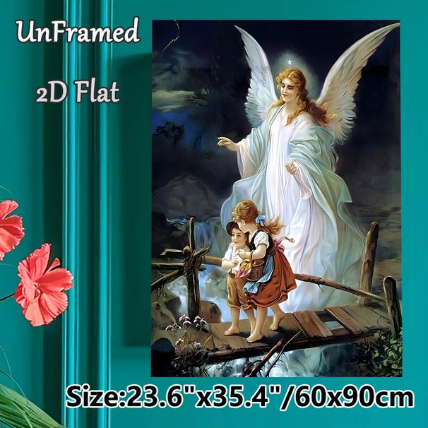 Guardian Angel Themed Painting Poster, Soft-toned Classic Religious Scene Poster, Calming Protective Artwork With Angel Guiding Figures Over A Bridge_maomaolike.com