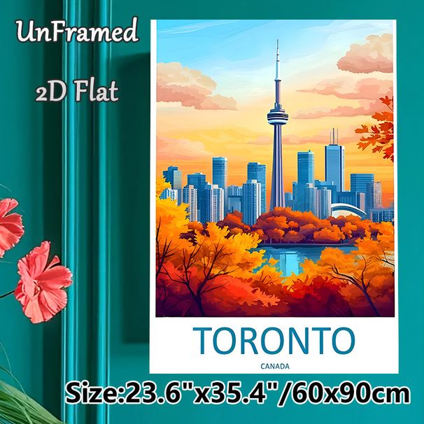 Toronto Autumn Cityscape Painting Poster, Vibrant Illustration-style Warm-toned Skyline Poster, Scenic Artwork With Iconic Tower & Fall Foliage, Ideal_maomaolike.com