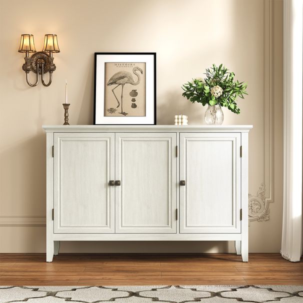 3-Door Buffet Cabinet With Storage, Bohemian Sideboard With Adjustable Shelves, Wood Credenza Cabinet, Console Table For Bedroom, Living Room, Dining Room, Hallway, Grayish-White_maomaolike.com