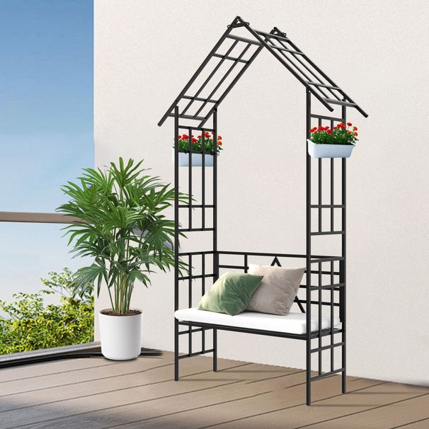 Metal Garden Arch With Bench Turned Into Flower Stand W58.07*H97.24 Climbing Plants Support Rose Arch Outdoor Black_maomaolike.com