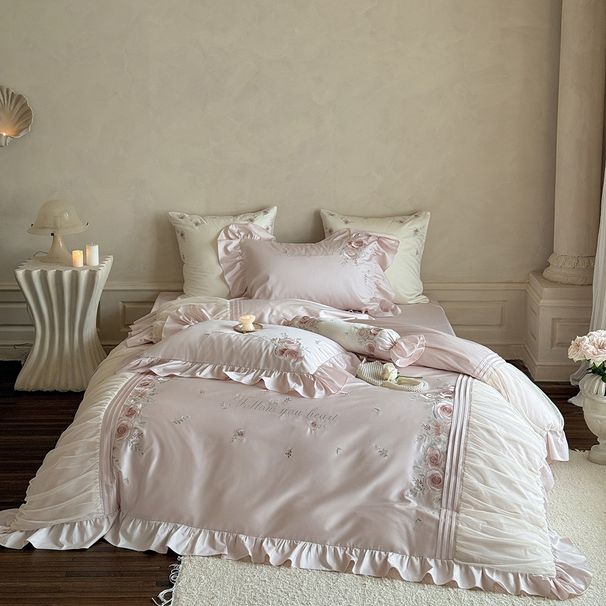 Girlish Pink All-Cotton Long-Staple Four-Piece With Beautiful Embroidered Floral Pure Cotton Ruffled Bedding Set_maomaolike.com