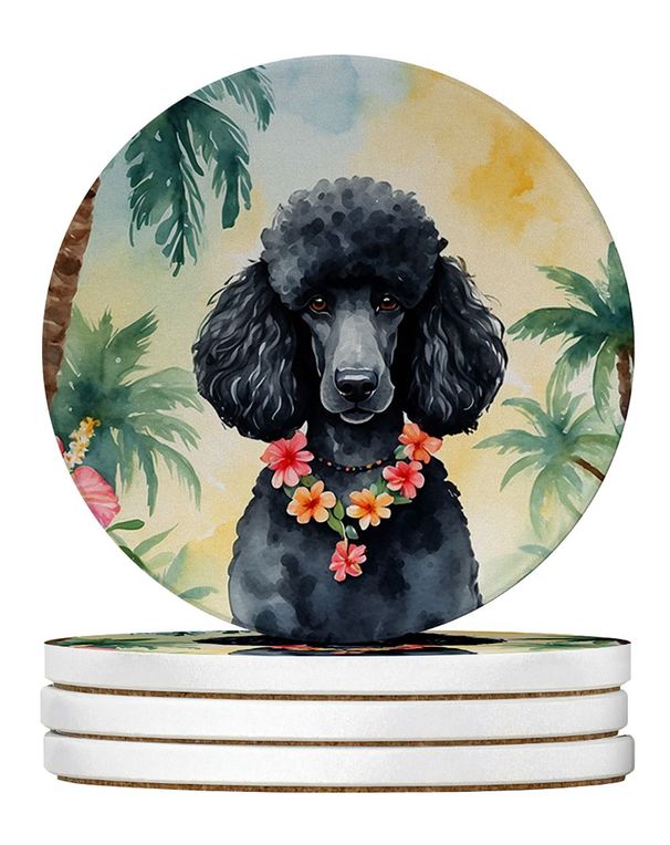 Black Poodle Luau Large Sandstone Coasters Pack Of 4 Absorbent Round Coasters Decor Gifts For Men Or Women, 4 In, Multicolor_maomaolike.com