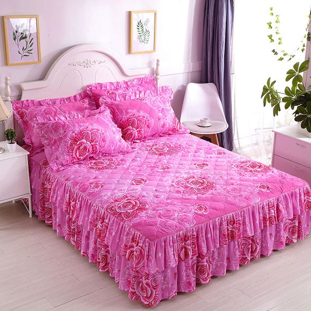 Thickened Quilted Skirt Style Dust Single Piece Skin-Friendly 1.2m 1.68m Sheet Lace Edge Protective Bed Cover_maomaolike.com
