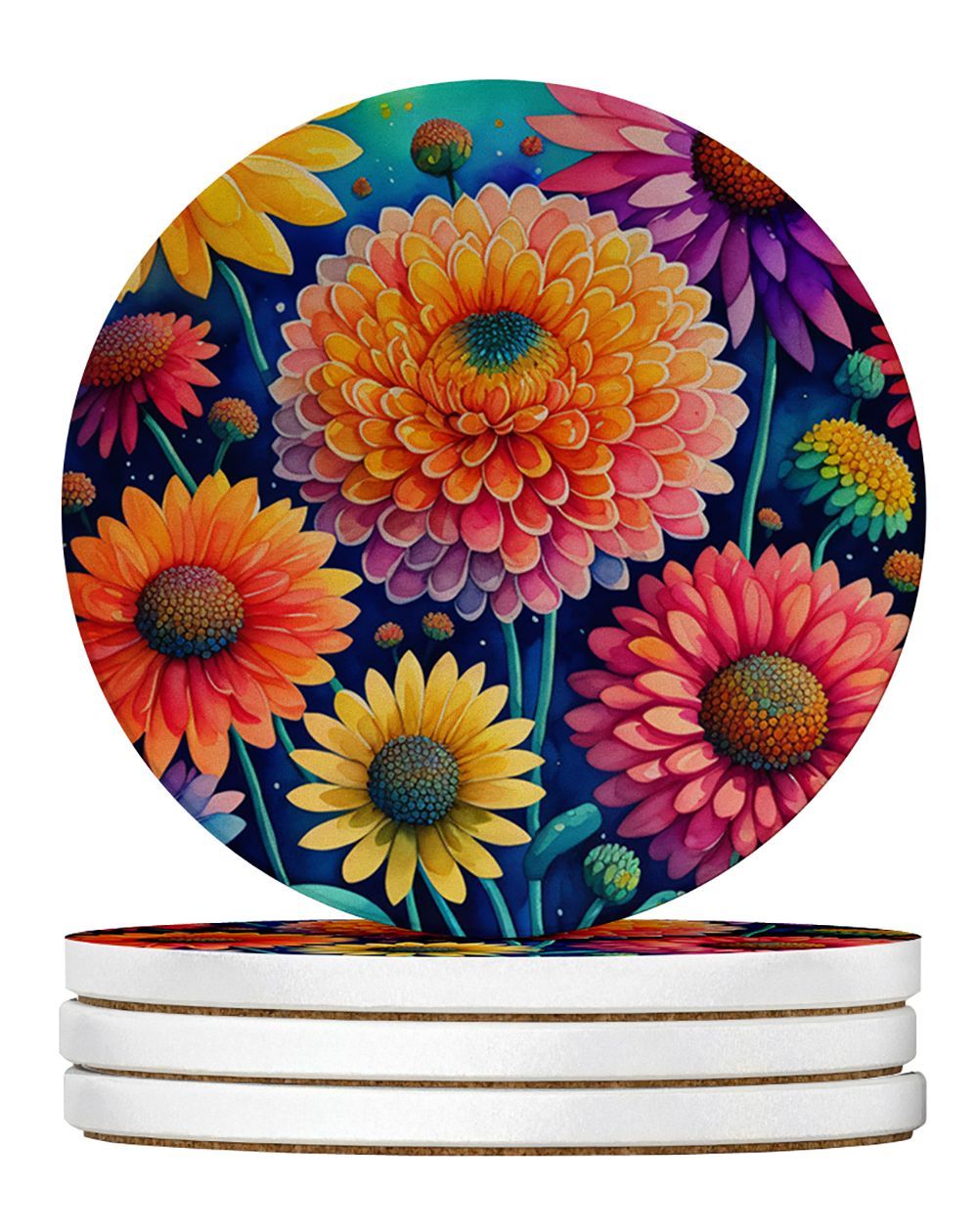 Colorful Chrysanthemums Large Sandstone Coasters Pack Of 4 Absorbent Round Coasters Decor Gifts For Men Or Women, 4 In, Multicolor_maomaolike.com