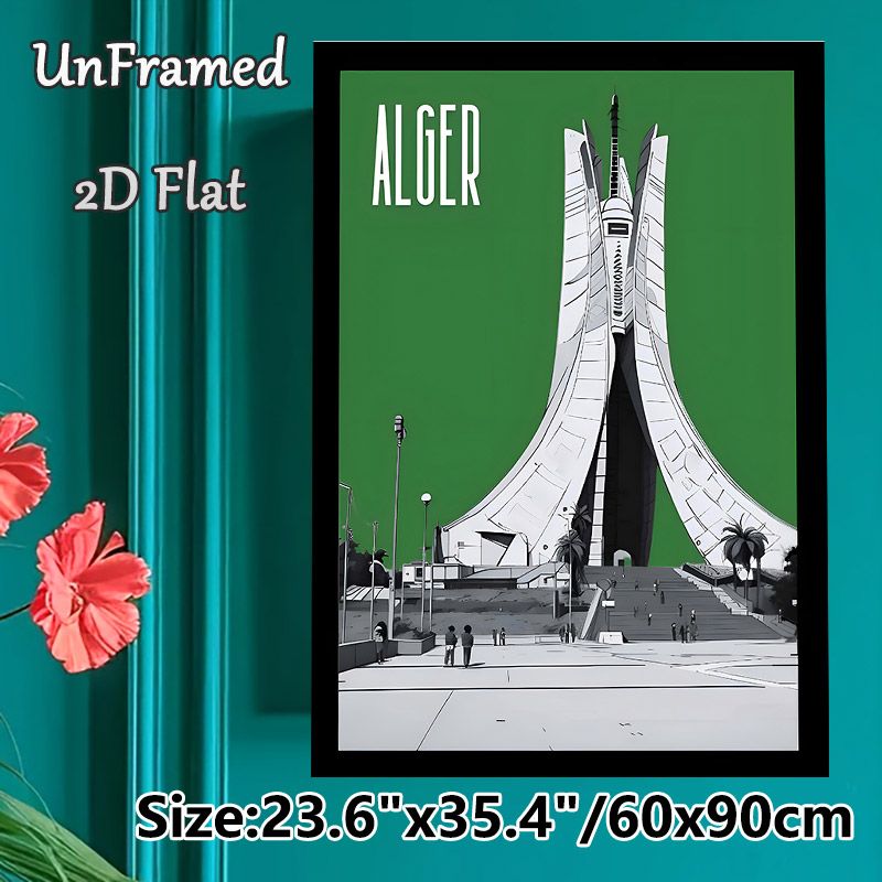 Alger Monument Painting Poster, Minimalist Graphic Style Landmark Poster With Bold Green Backdrop, Stylish Travel-inspired Decor Ideal For Living_maomaolike.com