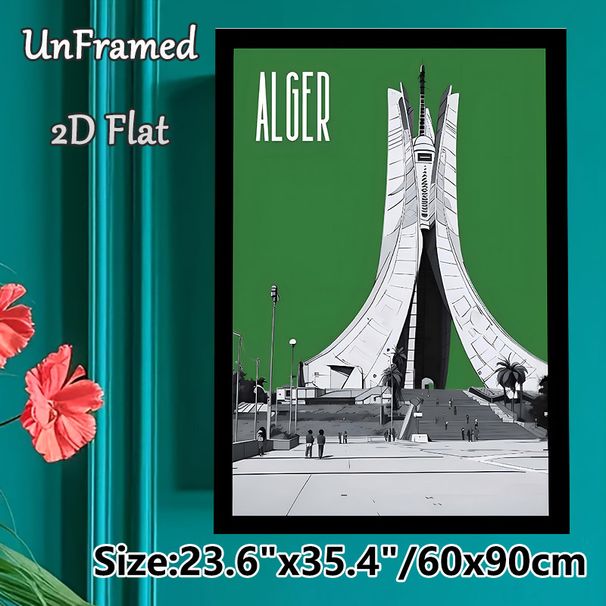 Alger Monument Painting Poster, Minimalist Graphic Style Landmark Poster With Bold Green Backdrop, Stylish Travel-inspired Decor Ideal For Living_maomaolike.com