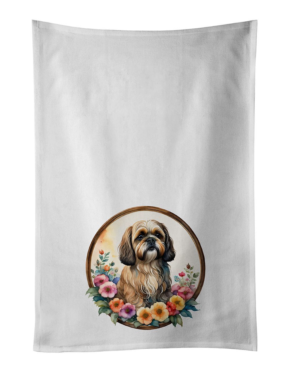 Lhasa Apso And Flowers Kitchen Towel Set Of 2 White Dish Towels Decorative Bathroom Hand Towel For Hand, Face, Hair, Yoga, Tea, Dishcloth, 19 X 28", White_maomaolike.com