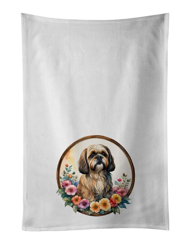 Lhasa Apso And Flowers Kitchen Towel Set Of 2 White Dish Towels Decorative Bathroom Hand Towel For Hand, Face, Hair, Yoga, Tea, Dishcloth, 19 X 28", White_maomaolike.com