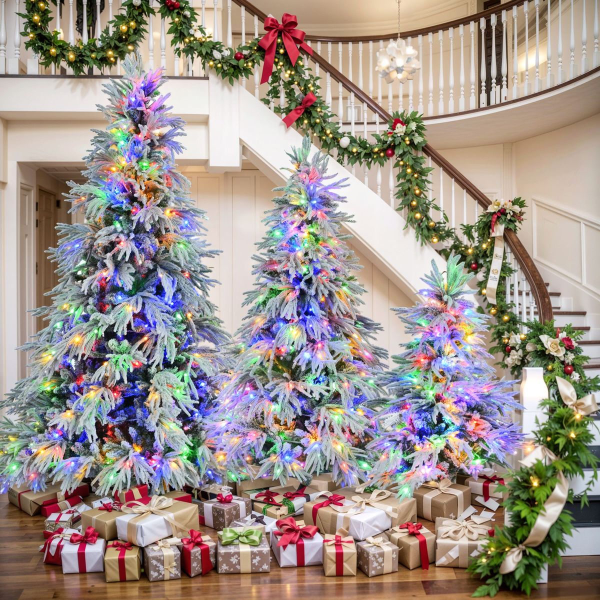 Pre-Lit Spruce Snow Flocked Christmas Tree Set-4 Ft, 6 Ft, 7.5 Ft Artificial Hinged Xmas Tree With 800 Warm-Yellow & Colorful LED Lights, 8 Flashing Modes, Holiday Office Home Décor_maomaolike.com