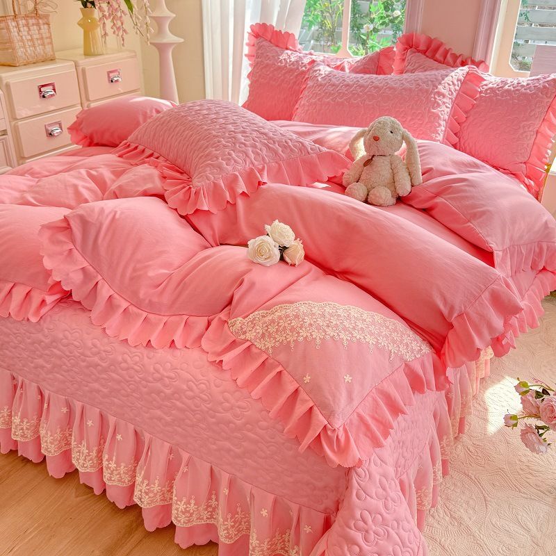 Floral Cloud Cotton Lace Edge Cover Four-Piece Set Machine Washable All-Season Thickened Bed Sheet Bedding Wholesale_maomaolike.com