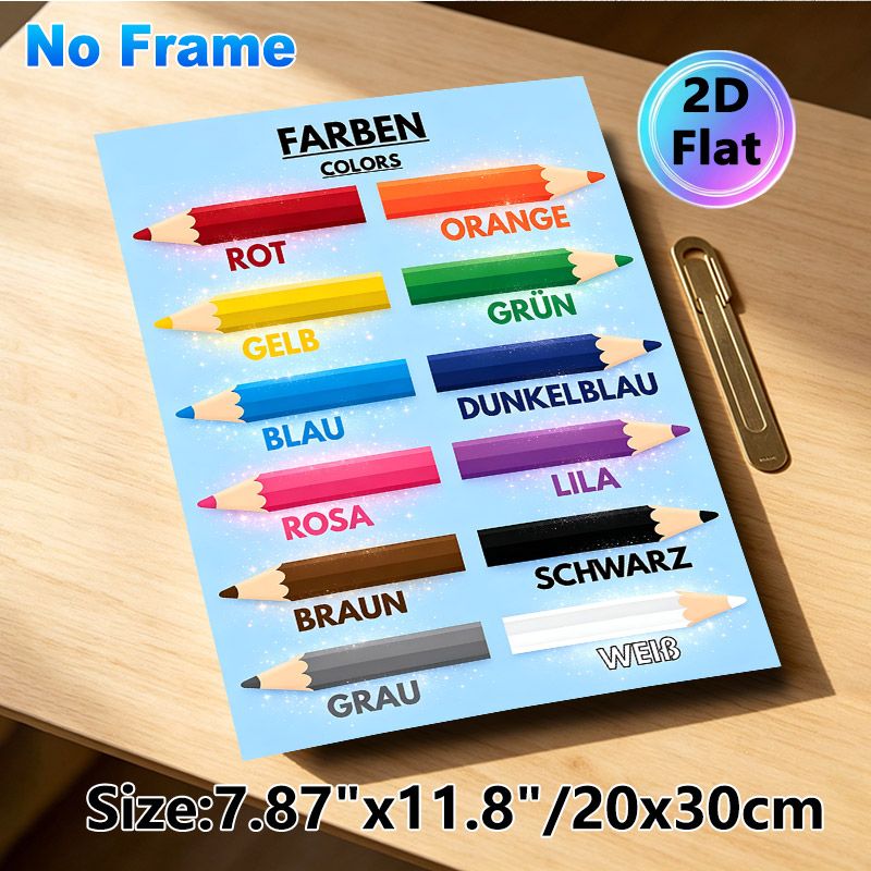 German Color Learning Painting Poster, Bright Sparkling Colored Pencil Design Poster, Supports German Color Term Study, Suitable For Language Learning_maomaolike.com