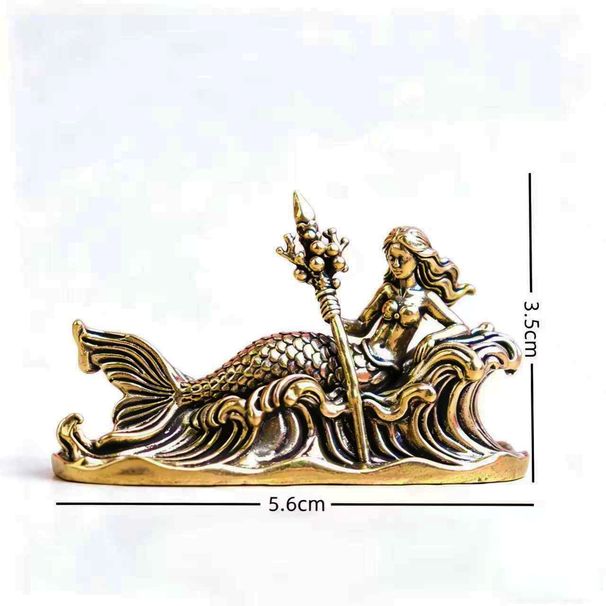 Vintage Brass Mermaid Figurine Statue With Sea Wave Element, Decorative Tea Pet Copperware For Household Tea Table Decoration
_maomaolike.com
