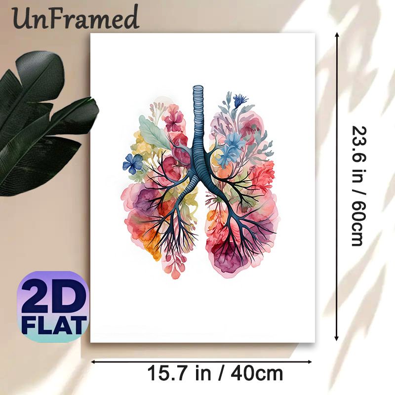 Floral Lung Painting Poster, Delicate Watercolor Floral Human Lung Shaped Poster, Unique Artistic Decor Ideal For Home, Clinic And Office_maomaolike.com