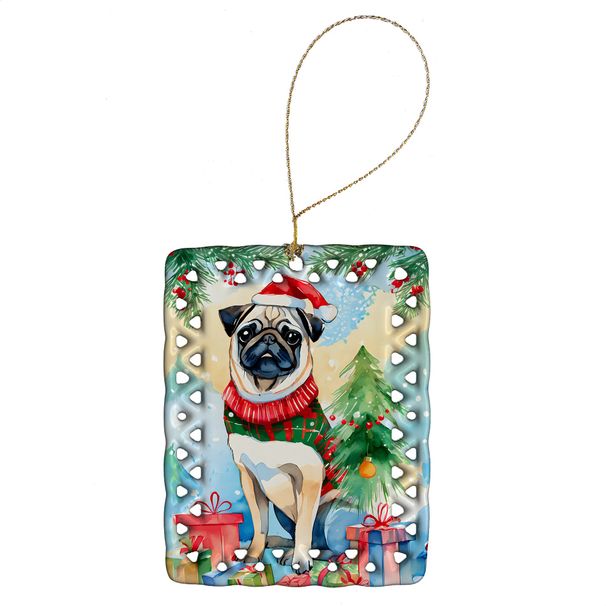 Pug Christmas Porcelain Ornament Christmas Tree Hanging Decorations For Home Christmas Holiday, Rectangle, Gift, Multicolor_maomaolike.com