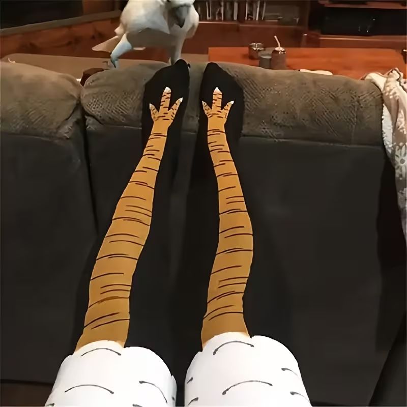 Women's Novelty Chicken Claw Socks - Moisture-Wicking Breathable, Black With Brown & White Stripes, Fun Cartoon Design For Gym & Casual Summer Wear_maomaolike.com