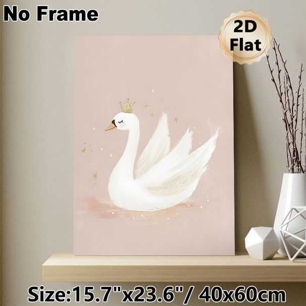 Swan Princess Painting Poster, Soft Pastel-toned Hand-painted White Swan With Glittery Crown And Golden Stars Poster, Elegant Delicate Decor Ideal For_maomaolike.com