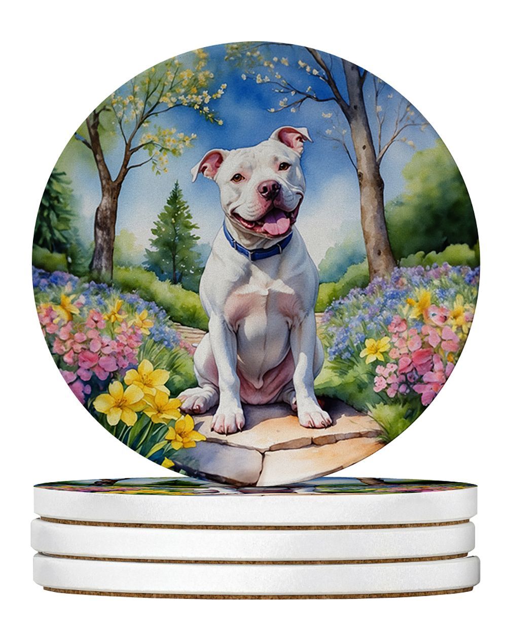 Pit Bull Terrier Spring Path Large Sandstone Coasters Pack Of 4 Absorbent Round Coasters Decor Gifts For Men Or Women, 4 In, Multicolor_maomaolike.com