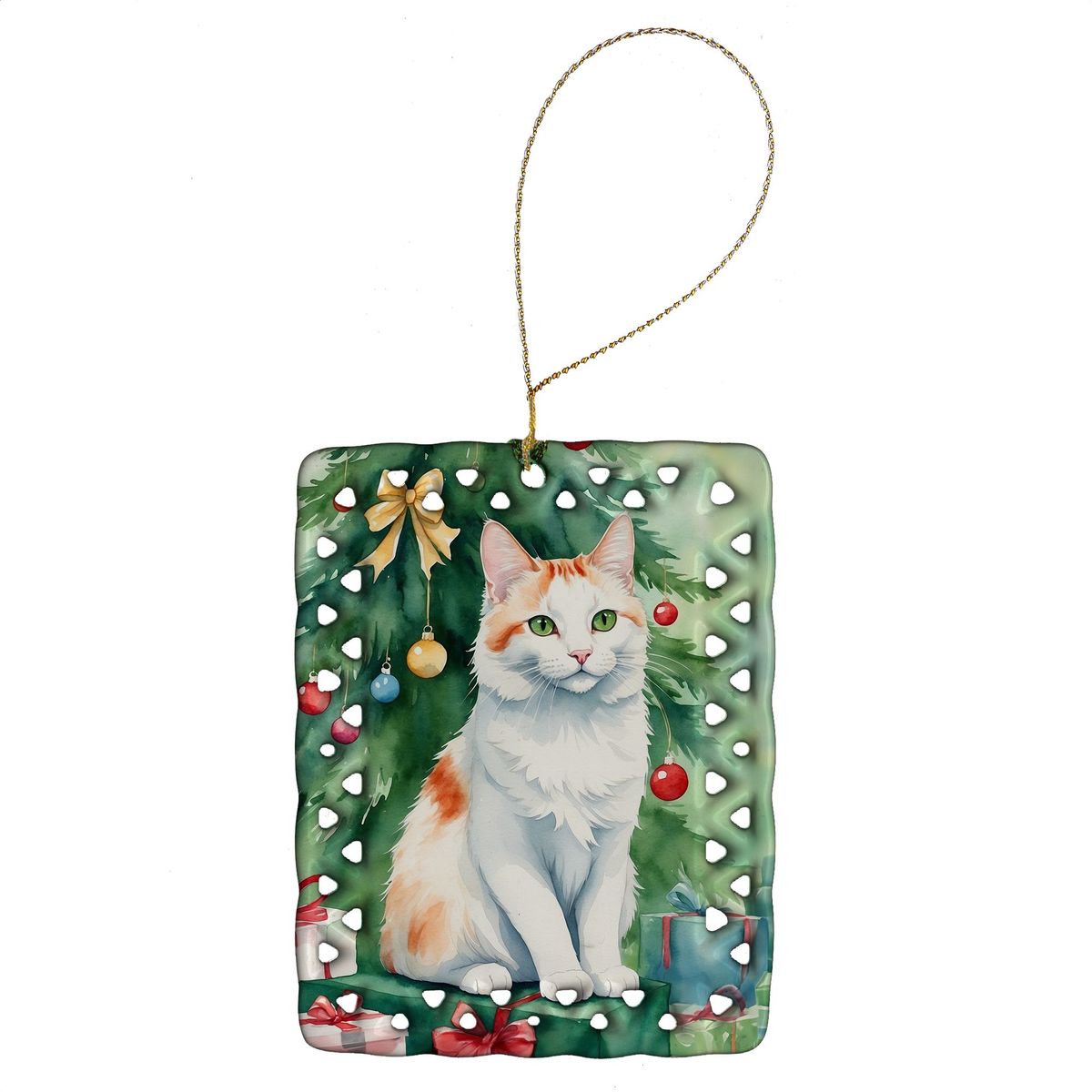 Turkish Van Cat By The Christmas Tree Porcelain Ornament Christmas Tree Hanging Decorations For Home Christmas Holiday, Rectangle, Gift, Multicolor_maomaolike.com
