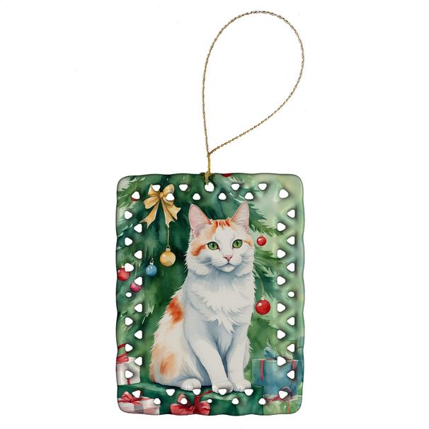 Turkish Van Cat By The Christmas Tree Porcelain Ornament Christmas Tree Hanging Decorations For Home Christmas Holiday, Rectangle, Gift, Multicolor_maomaolike.com